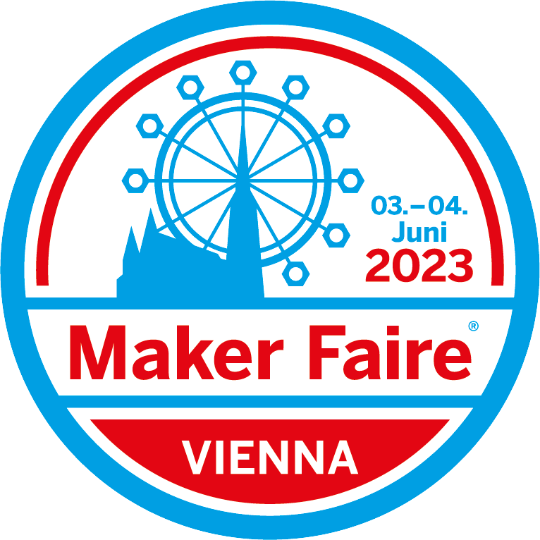 Maker Faire Vienna, 03. - 04. Juni 2023, rundes Logo in Blau und Rot auf weißem Grund. Der Stephansdom und das Riesenrad sind vereinfacht dargestellt.